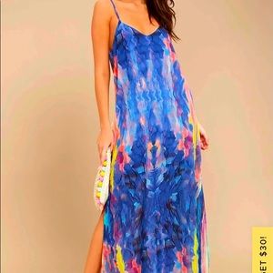 NWT Lulus Flying Watercolors Royal Blue Print Maxi